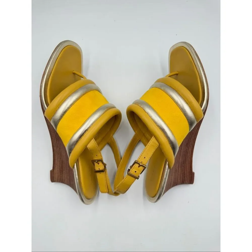 Tory Burch Yellow Metallic Puffy Leather Wedge Sandal Slingback Open Toe Size 9M